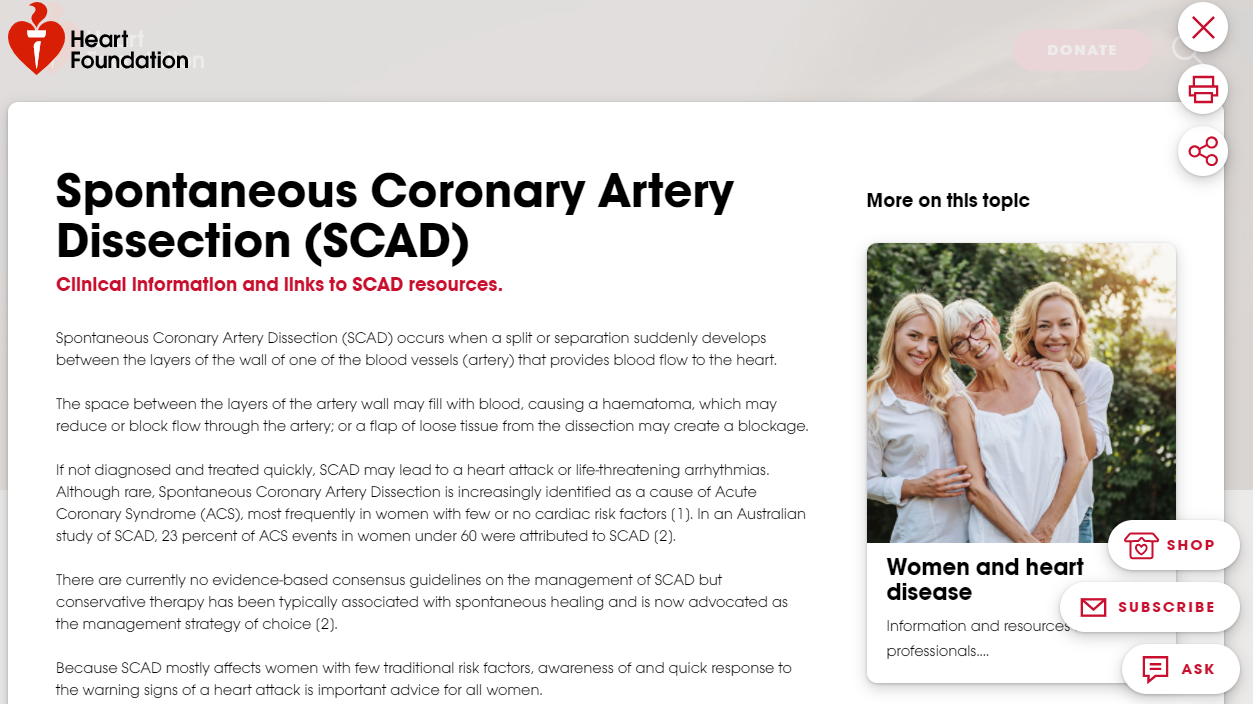 Heart foundation landing page for spontaneous coronary artery dissection