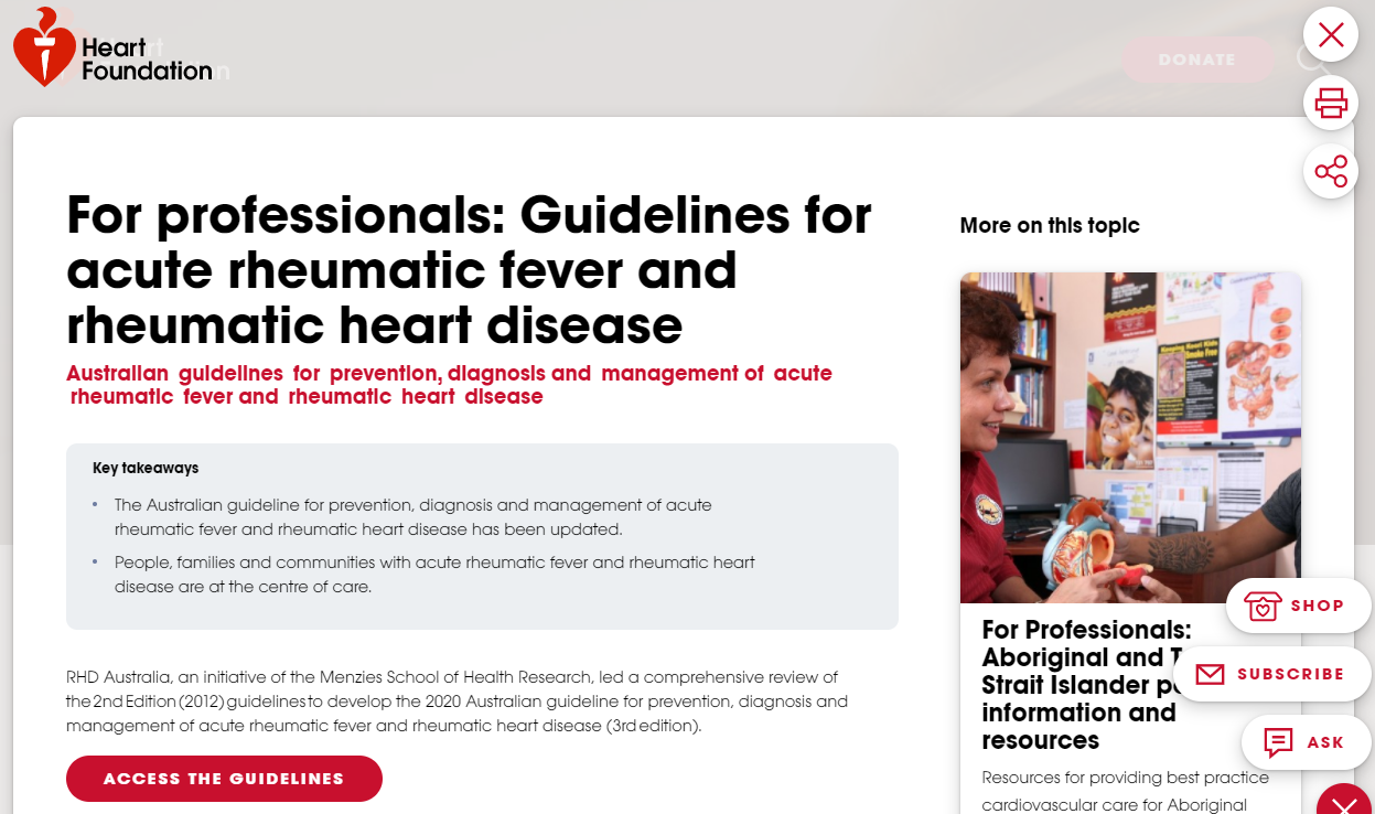 Heart foundation landing page for Guidelines for acute rheumatic fever and rheumatic heart disease