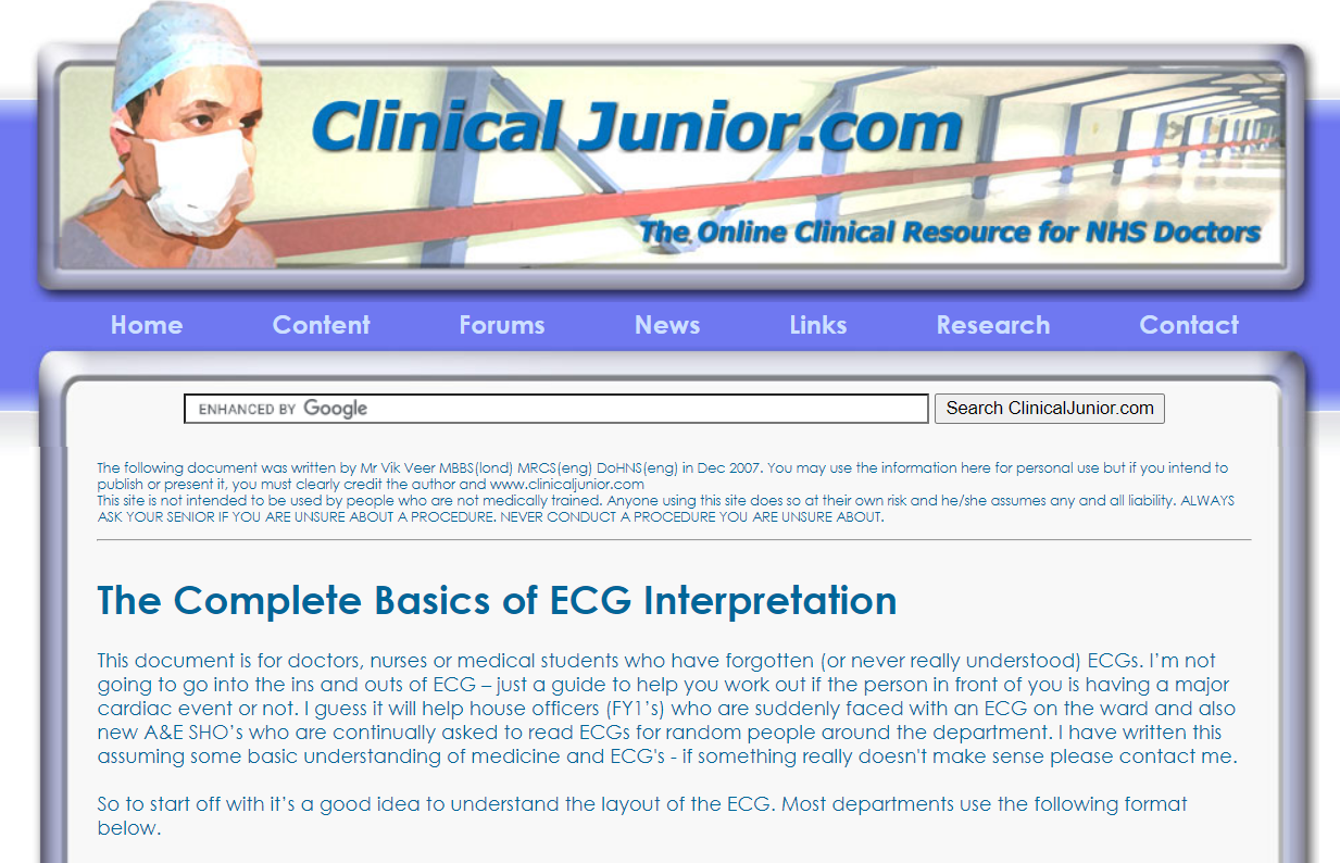 Landing page to clinical junior.com. The complete basics to ECG interpretations