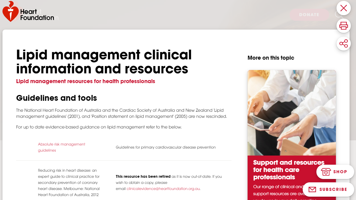 Landing page for the heart foundation lipid management, clinical information, and resources