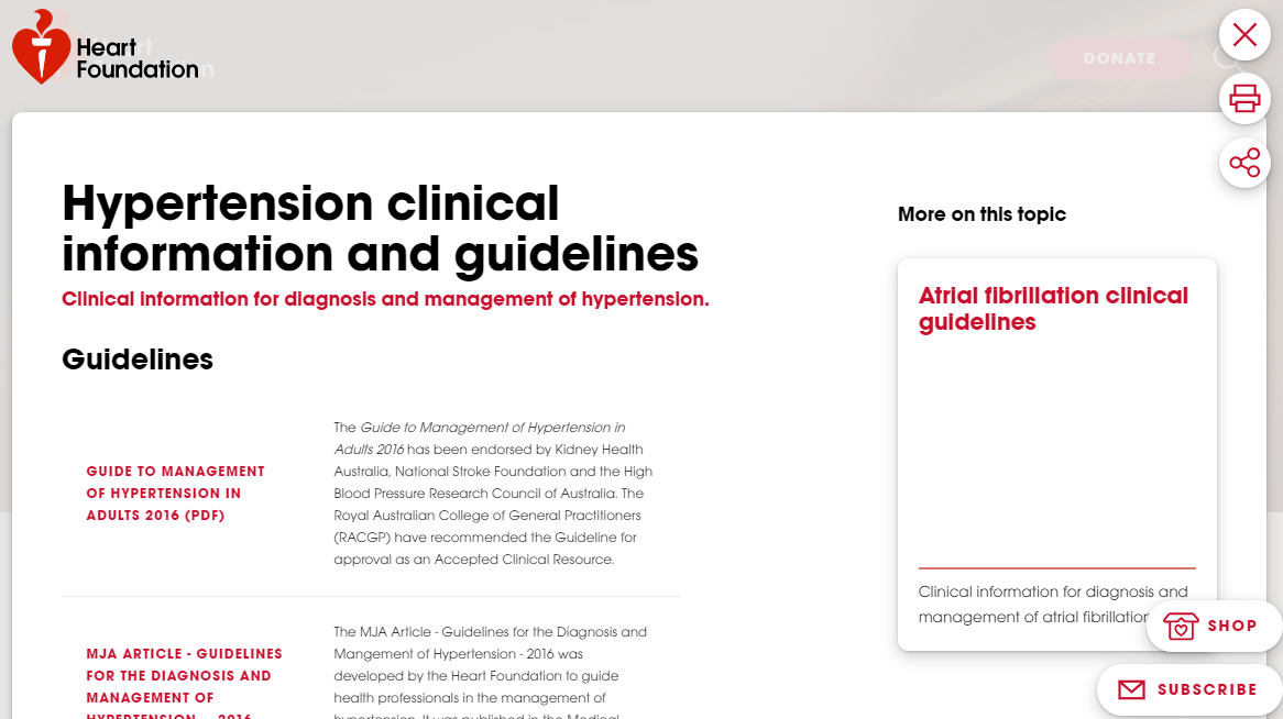 Heart foundation homepage on hypertension clinical information, diagnosis and management