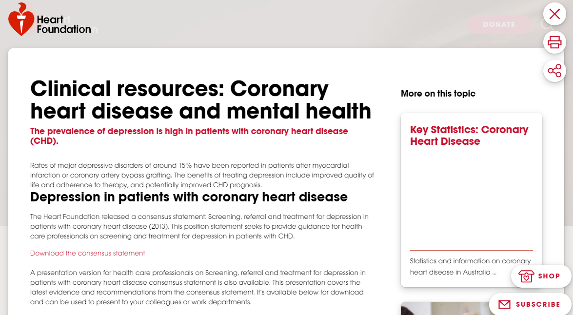 Heart foundation homepage on coronary heart disease and mental health