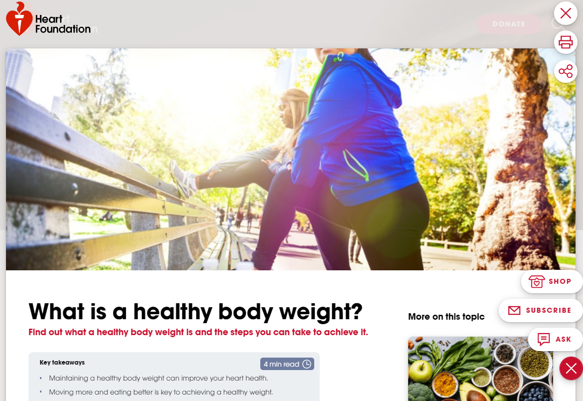 Homepage to Heart Foundation's health weight resource