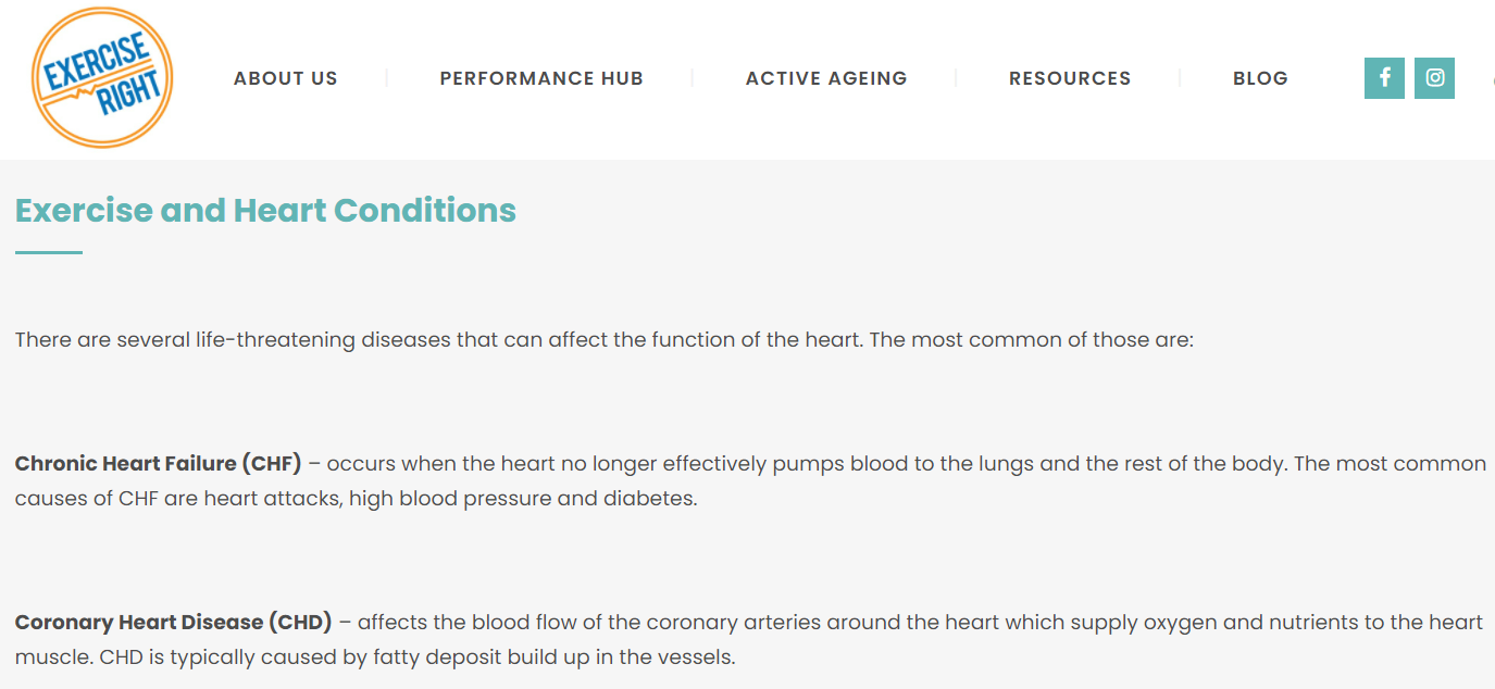 Image of landing page for exercise and heart conditions