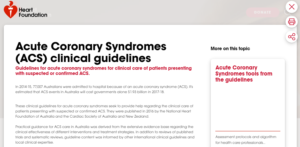 Image of Heart foundation landing page for Australian Clinical Guidelines for Acute Coronary Syndrome