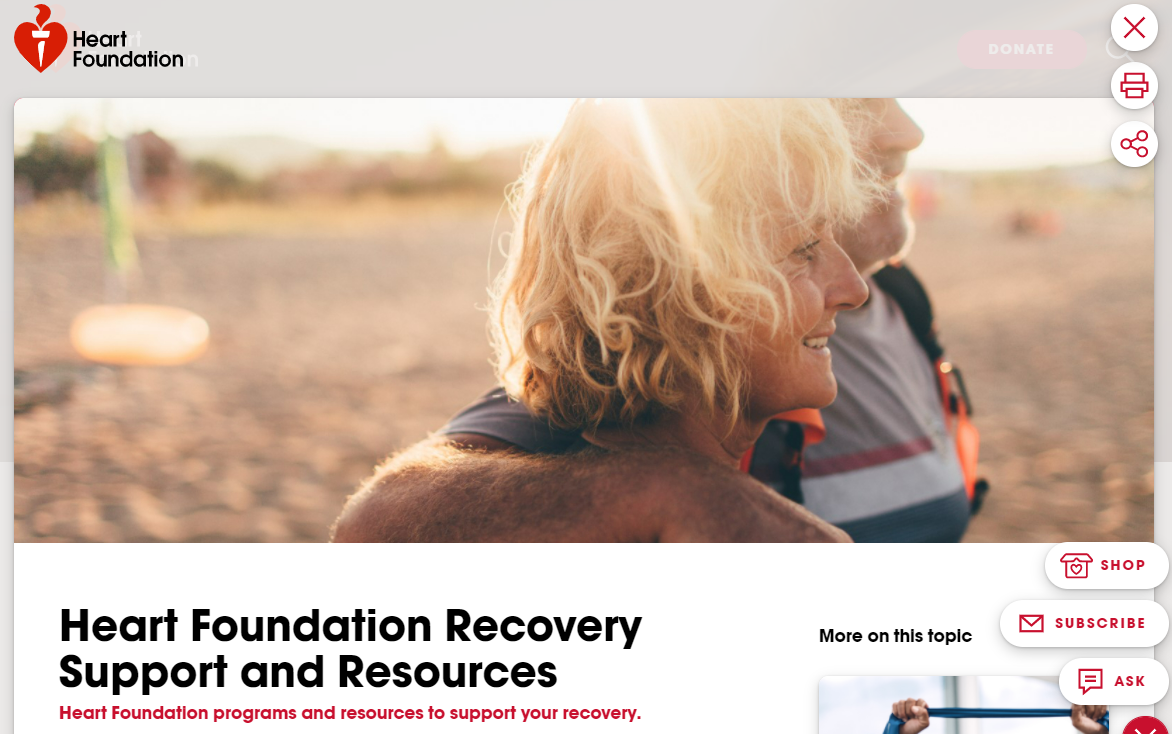 Image of landing page for heart foundation recovery support and resources
