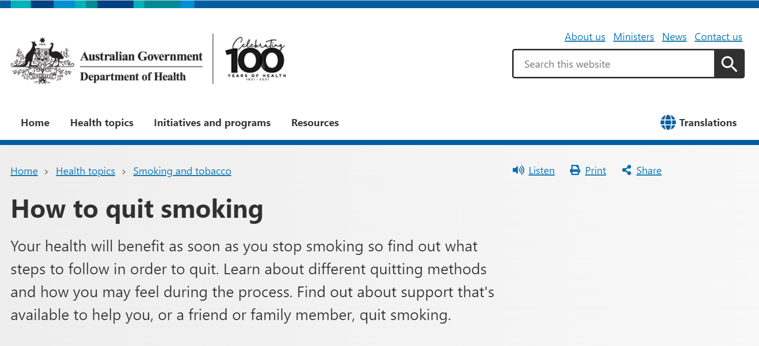 Homepage for Australian Government Department of Health website on how to quit smoking