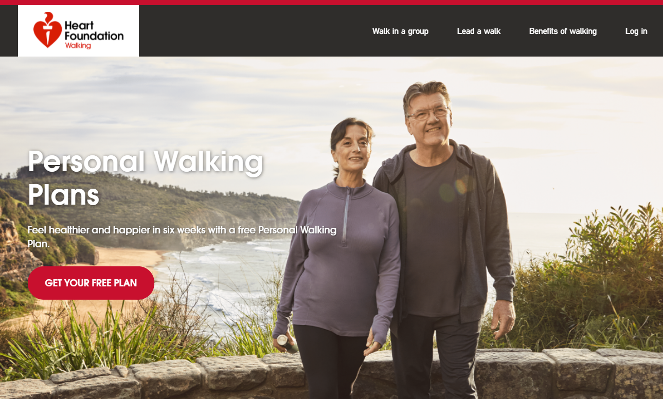 Home page for Heart Foundation Personal Walking Plans sign up page