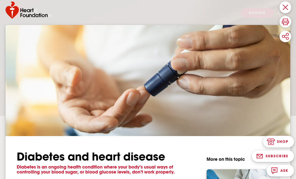 Homepage for heart foundation website on diabetes and heart disease