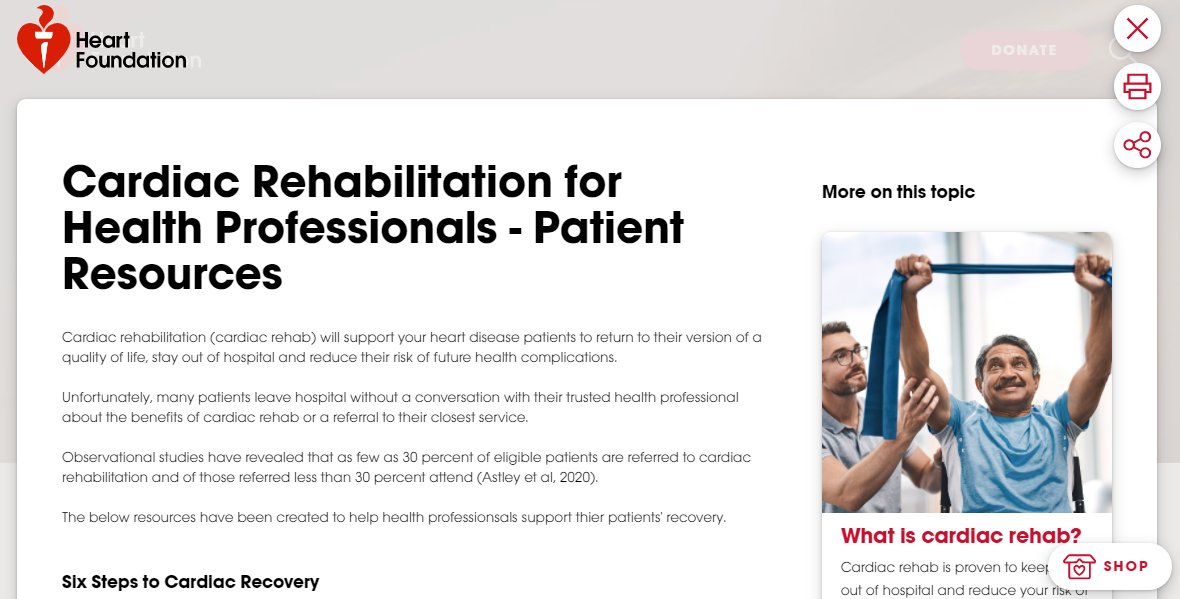 Heart foundation website for health professionals on cardiac rehabilitation for their patients