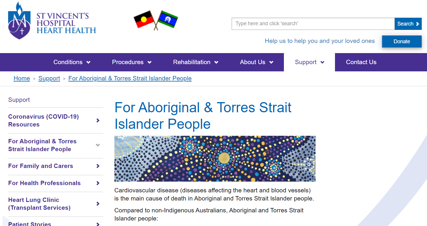 St Vincent's Hospital website on information for Aboriginal and Torres Strait Islander Peoples