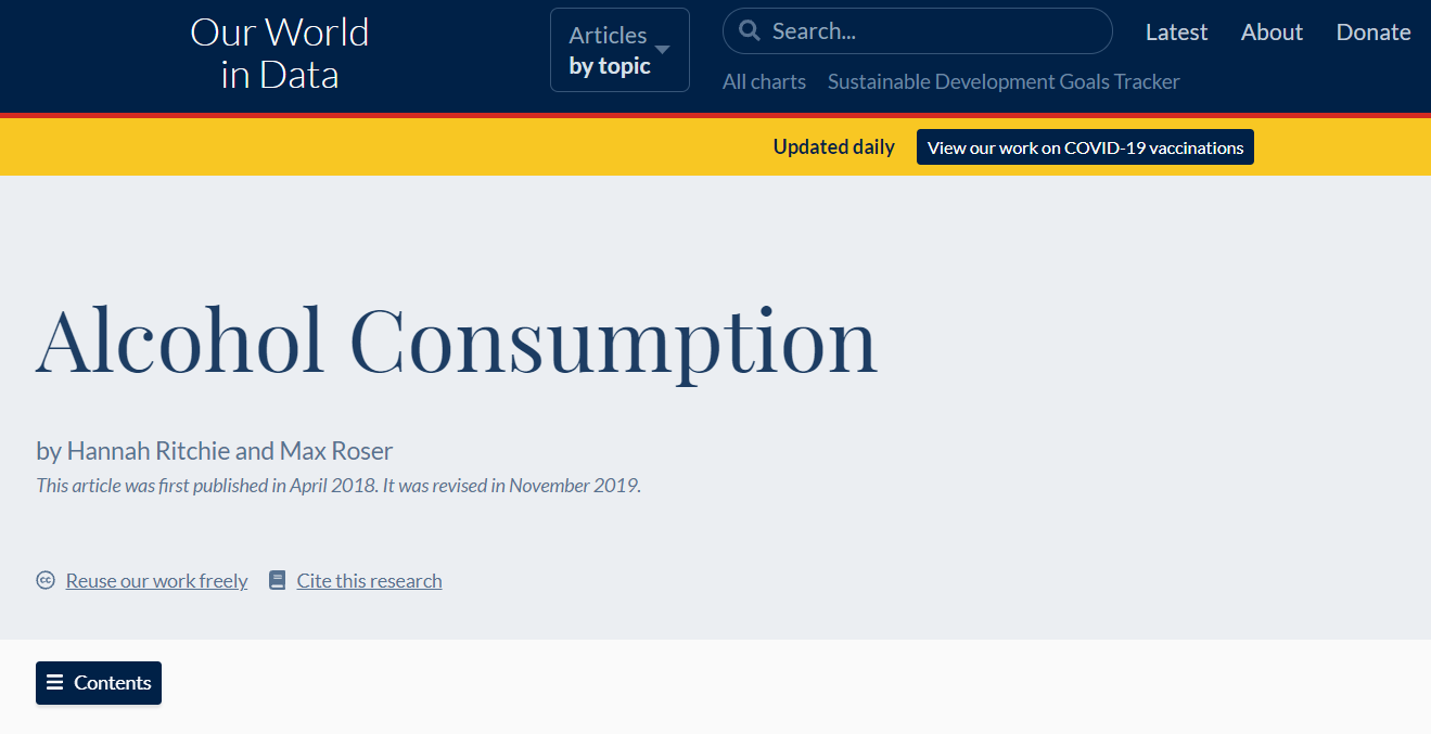Screenshot of Our World in Data alcohol consumption webpage